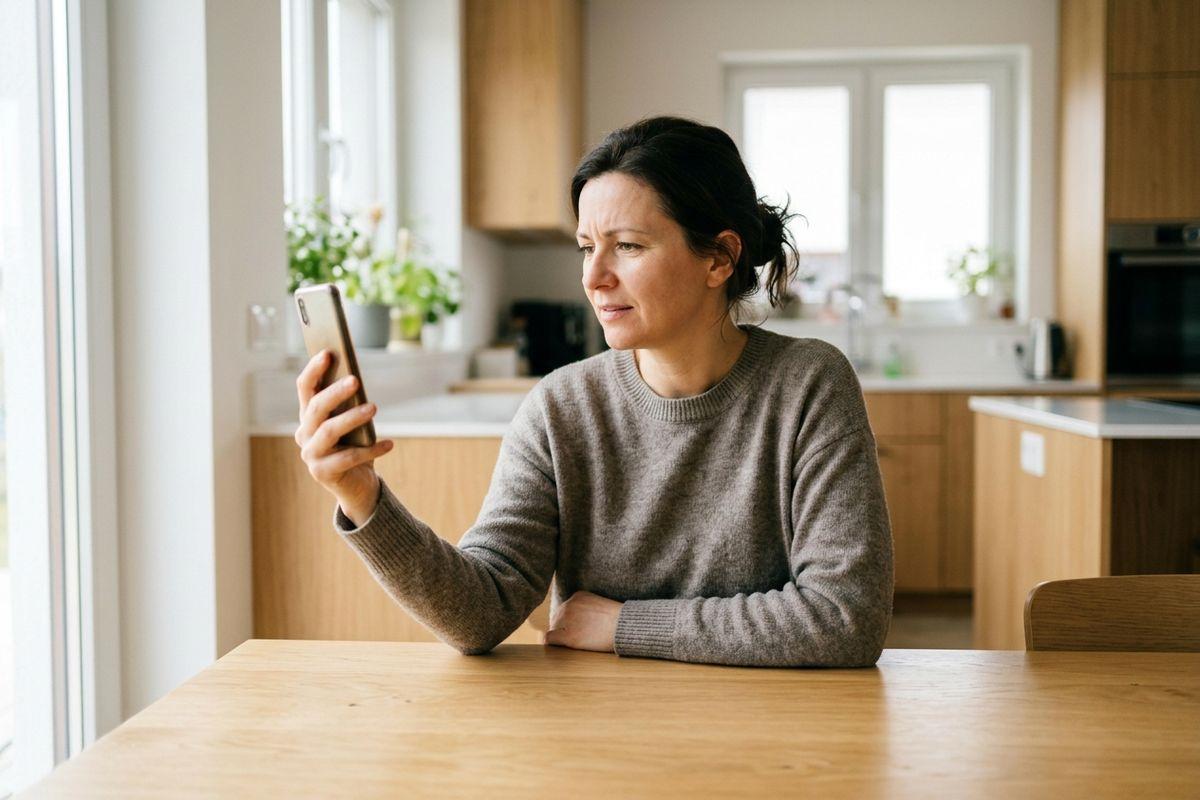 Adult in a grey sweater sits at a wooden kitchen table, holding up a smartphone with a concerned frown.