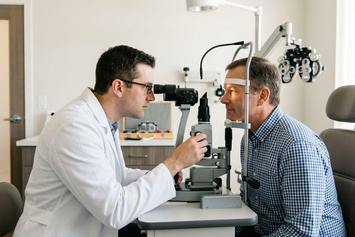 Optometrist examines an adult patient's eyes through a slit lamp in an exam room, with a phoropter behind them.