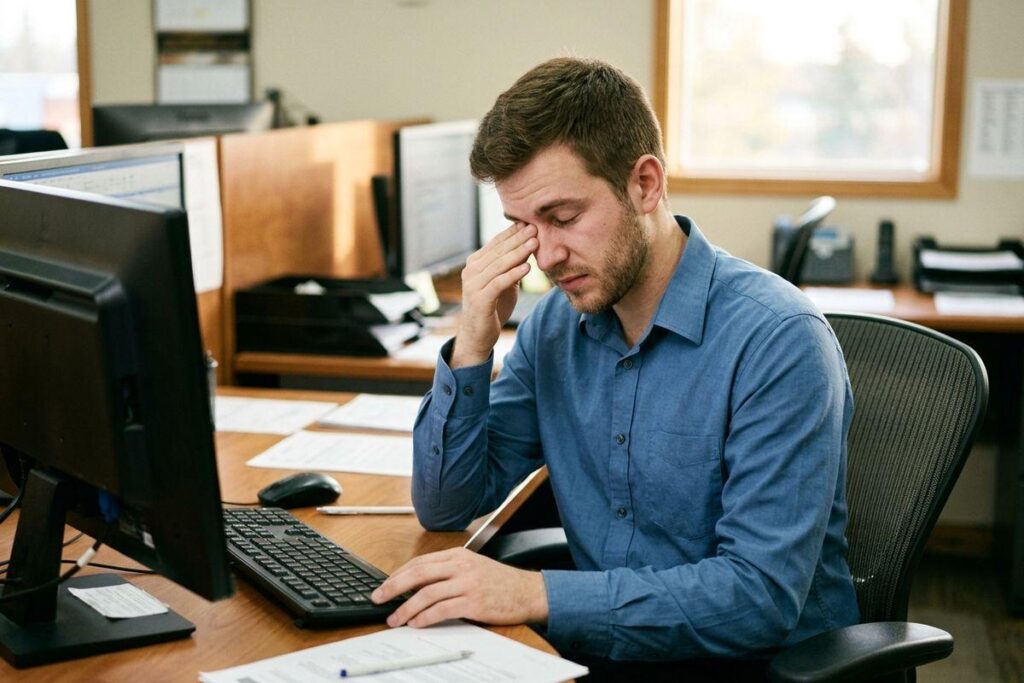 Person in a blue shirt sits at an office desk with computer monitors and keyboard, rubbing one eye with a tired expression.