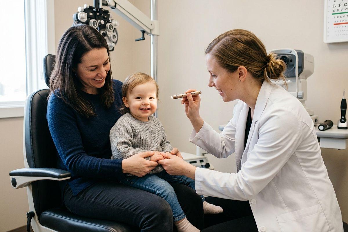 Optometrist holds a penlight in front of a smiling toddler seated on an adult's lap in an exam chair, phoropter and eye chart nearby.