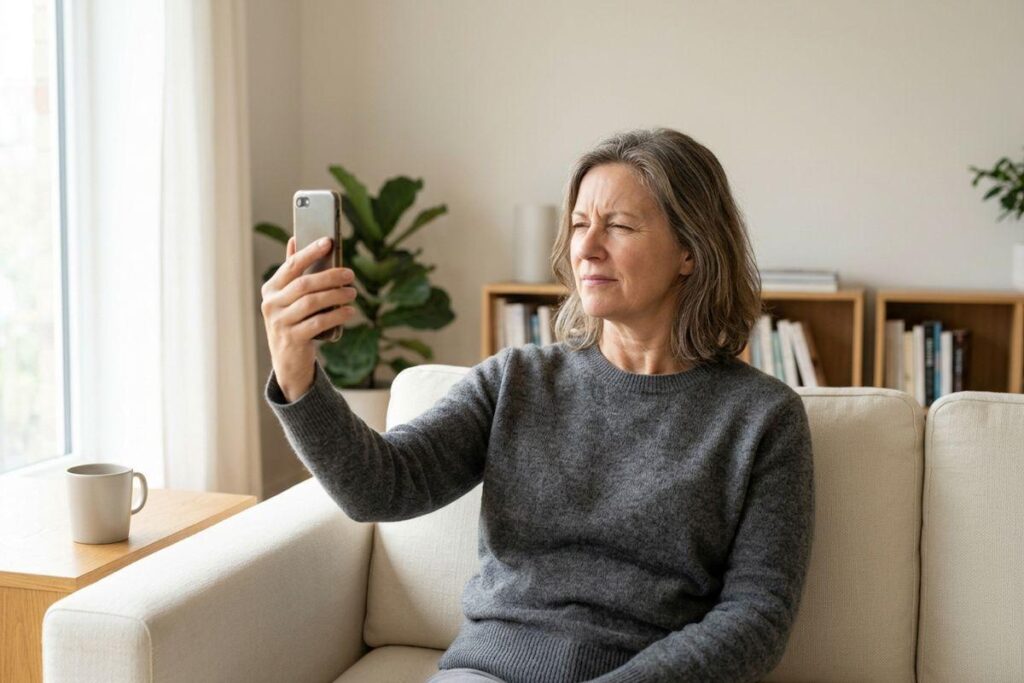 Adult with gray hair squints at a smartphone held at arm's length while sitting on a cream sofa in a bright living room.