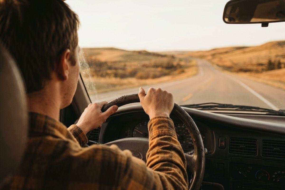 Person in a plaid shirt driving with both hands on the wheel, viewed from behind, on an empty two-lane road through dry, golden hills.